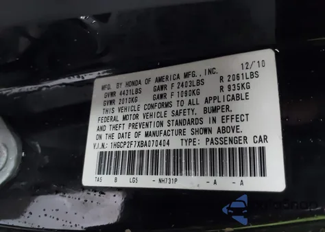 2011 Honda Accord 2.4 Ex z USA, uszkodzony, nr VIN 1HGCP2F7XBA070404